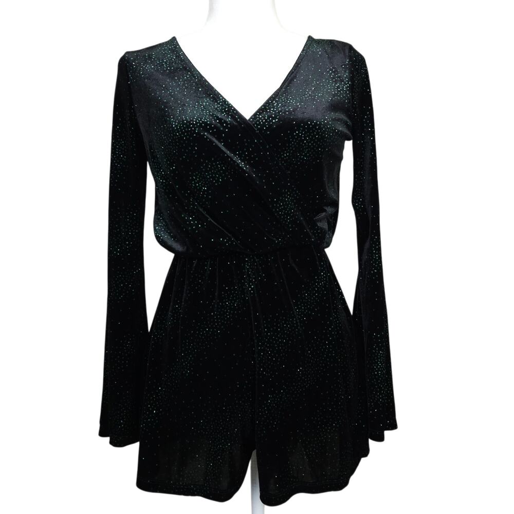 NWT Topshop Black Velvet Green Glitter Bell Sleeve Romper Size 2